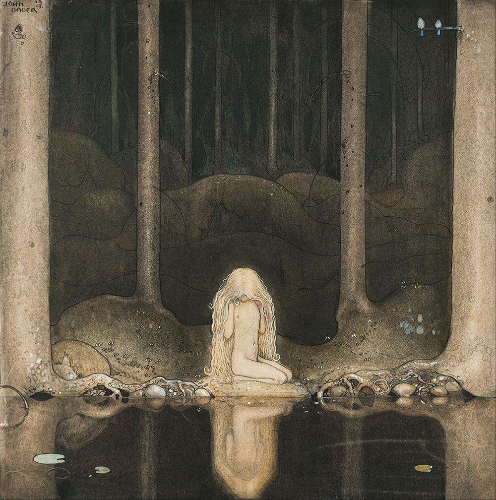 John Bauer : Princess Tuvstarr gazing down into the dark waters of the forest tarn. 1913