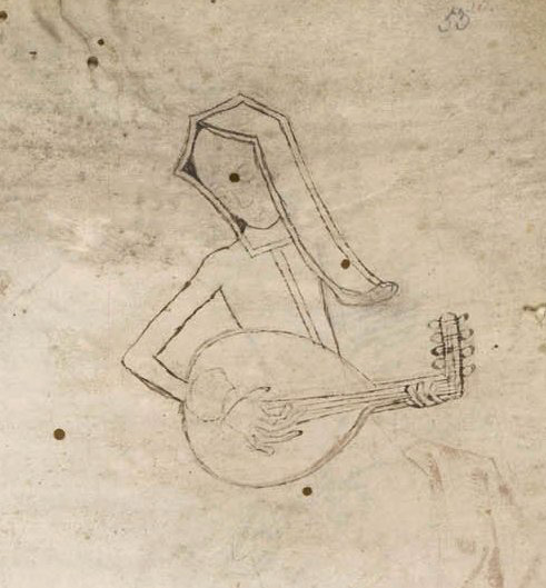Femme jouant du luth. Dessin sur la dernière page du livre The Consolation of Philosophy par Boèce : British Library, vers 1450